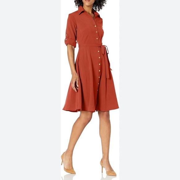 Sharagano Dresses & Skirts - Sharagano Terracotta Midi Dress NWT Petite 4P Button Front Belted Work